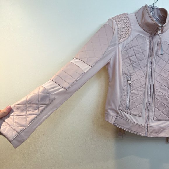 Blanc Noir Light Pink Leather Mesh Bohemian Lace Up Back Full Zip Moto Jacket L - Picture 9 of 14